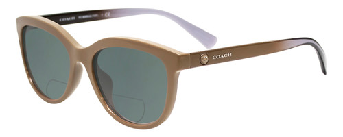 Profile View of Coach  Designer Polarized Reading Sunglasses with Custom Cut Powered Smoke Grey Lenses in Taupe Tan Brown Ladies Cateye Full Rim Acetate 56 mm