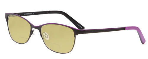 Profile View of Marie Claire MC6231-BKL Designer Polarized Reading Sunglasses with Custom Cut Powered Sun Flower Yellow Lenses in Black Lavender Purple Ladies Cateye Full Rim Stainless Steel 51 mm