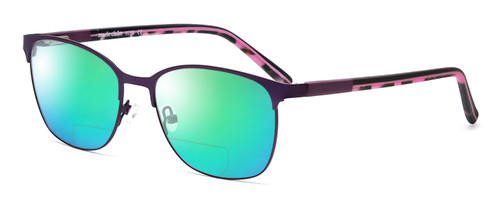 Profile View of Marie Claire MC6259-PUR Designer Polarized Reading Sunglasses with Custom Cut Powered Green Mirror Lenses in Purple Marble Pink Ladies Cateye Full Rim Stainless Steel 49 mm