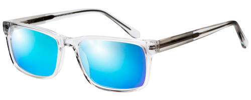 Profile View of Big&Tall 21 Designer Polarized Sunglasses with Custom Cut Blue Mirror Lenses in Crystal Transparent Mens Rectangle Full Rim Acetate 57 mm