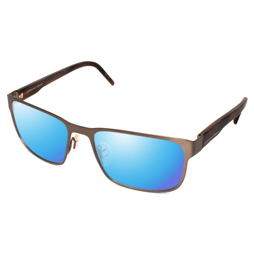 Profile View of Porsche Design P8291-C-55 Designer Polarized Sunglasses with Custom Cut Blue Mirror Lenses in Satin Brown&Matte Marble Horn Unisex Square Full Rim Titanium 55 mm