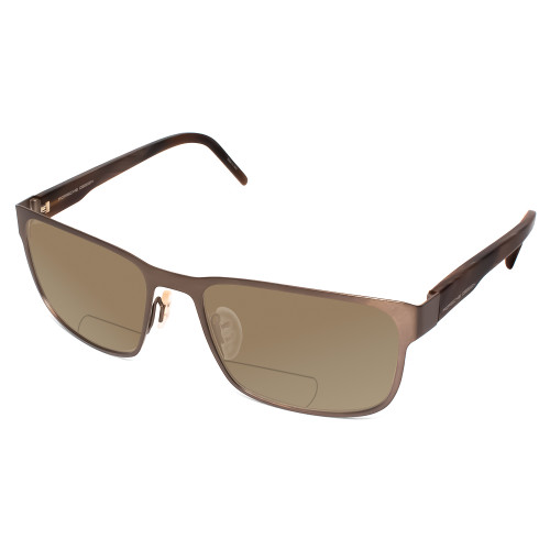 Profile View of Porsche Design P8291-C-55 Designer Polarized Reading Sunglasses with Custom Cut Powered Amber Brown Lenses in Satin Brown&Matte Marble Horn Unisex Square Full Rim Titanium 55 mm