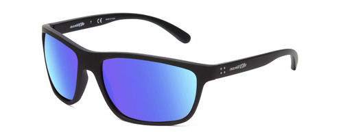 Profile View of Arnette Booger Unisex Wrap Polarized Sunglasses in Matte Black/Blue Mirror 61 mm
