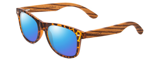 Profile View of Coyote Woodie Designer Polarized Sunglasses with Custom Cut Blue Mirror Lenses in Black Orange Tortoise Brown Wood Unisex Classic Full Rim Wood 52 mm