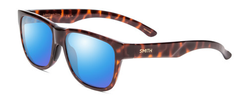 Profile View of Smith Optics Lowdown Slim 2 Designer Polarized Sunglasses with Custom Cut Blue Mirror Lenses in Tortoise Havana Brown Gold Unisex Classic Full Rim Acetate 53 mm