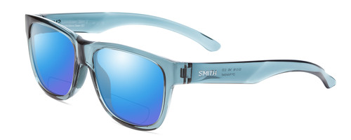 Profile View of Smith Optics Lowdown Slim 2 Designer Polarized Reading Sunglasses with Custom Cut Powered Blue Mirror Lenses in Crystal Stone Green Blue Unisex Classic Full Rim Acetate 53 mm