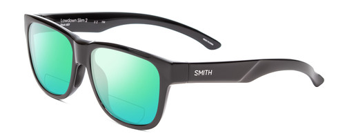 Profile View of Smith Optics Lowdown Slim 2 Designer Polarized Reading Sunglasses with Custom Cut Powered Green Mirror Lenses in Gloss Black Unisex Classic Full Rim Acetate 53 mm