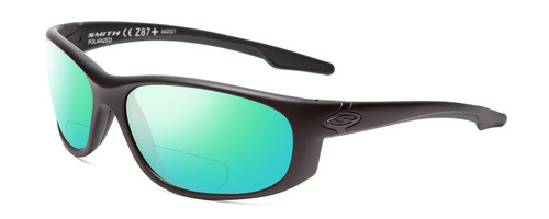 Profile View of Smith Optics Chamber Designer Polarized Reading Sunglasses with Custom Cut Powered Green Mirror Lenses in Matte Black Unisex Wrap Full Rim Acetate 65 mm