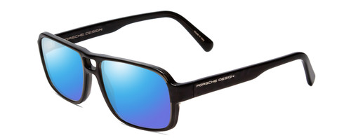 Profile View of Porsche Designs P8217-A Designer Polarized Sunglasses with Custom Cut Blue Mirror Lenses in Crystal Dark Grey Carbon Fiber Unisex Square Full Rim Acetate 56 mm