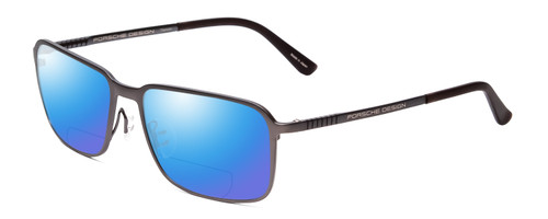 Profile View of Porsche Designs P8293-D Designer Polarized Reading Sunglasses with Custom Cut Powered Blue Mirror Lenses in Satin Blue Grey Matte Unisex Square Full Rim Titanium 55 mm