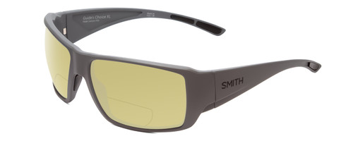 Profile View of Smith Optics Guides Choice Designer Polarized Reading Sunglasses with Custom Cut Powered Sun Flower Yellow Lenses in Matte Cement Grey Unisex Rectangle Full Rim Acetate 63 mm