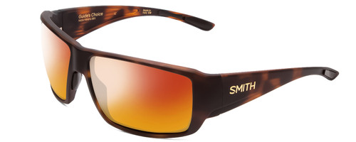 Profile View of Smith Optics Guides Choice Designer Polarized Sunglasses with Custom Cut Red Mirror Lenses in Matte Tortoise Havana Gold Unisex Rectangle Full Rim Acetate 62 mm