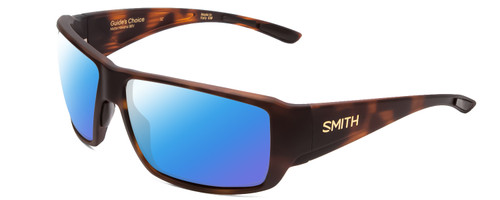 Profile View of Smith Optics Guides Choice Designer Polarized Sunglasses with Custom Cut Blue Mirror Lenses in Matte Tortoise Havana Gold Unisex Rectangle Full Rim Acetate 62 mm