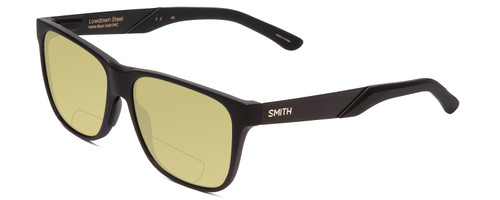 Profile View of Smith Optics Lowdown Steel Designer Polarized Reading Sunglasses with Custom Cut Powered Sun Flower Yellow Lenses in Matte Black Unisex Classic Full Rim Acetate 56 mm