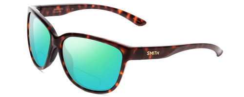 Profile View of Smith Optics Monterey Designer Polarized Reading Sunglasses with Custom Cut Powered Green Mirror Lenses in Tortoise Havana Brown Gold Ladies Cateye Full Rim Acetate 58 mm