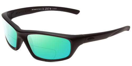 Profile View of Smith Optics Director Designer Polarized Reading Sunglasses with Custom Cut Powered Green Mirror Lenses in Black Unisex Rectangle Full Rim Acetate 60 mm