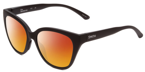 Profile View of Smith Optics Era Designer Polarized Sunglasses with Custom Cut Red Mirror Lenses in Matte Black Ladies Cateye Full Rim Acetate 55 mm