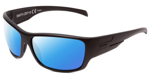 Profile View of Smith Optics Frontman Designer Polarized Sunglasses with Custom Cut Blue Mirror Lenses in Black Unisex Wrap Full Rim Acetate 65 mm