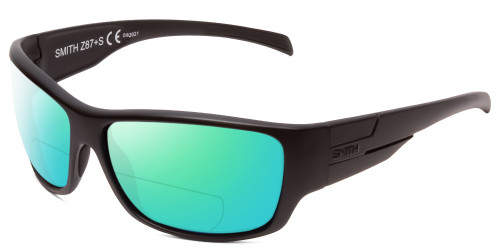 Profile View of Smith Optics Frontman Designer Polarized Reading Sunglasses with Custom Cut Powered Green Mirror Lenses in Black Unisex Wrap Full Rim Acetate 65 mm