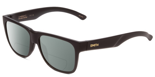Profile View of Smith Optics Lowdown 2 Designer Polarized Reading Sunglasses with Custom Cut Powered Smoke Grey Lenses in Matte Black Gold Unisex Classic Full Rim Acetate 55 mm