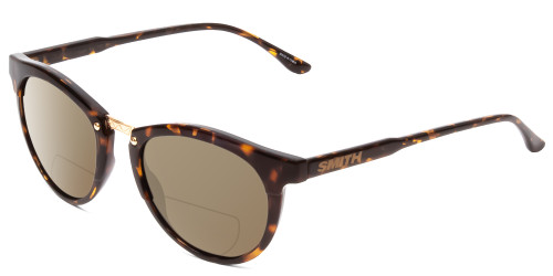 Profile View of Smith Optics Questa Designer Polarized Reading Sunglasses with Custom Cut Powered Amber Brown Lenses in Vintage Tortoise Havana Brown Gold Ladies Round Full Rim Acetate 50 mm