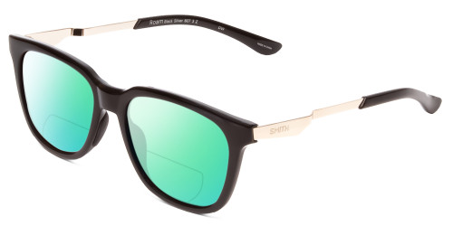 Profile View of Smith Optics Roam Designer Polarized Reading Sunglasses with Custom Cut Powered Green Mirror Lenses in Gloss Black Silver Unisex Classic Full Rim Acetate 53 mm