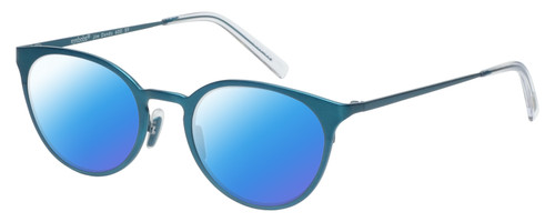 Profile View of Eyebobs Jim Dandy Designer Polarized Sunglasses with Custom Cut Blue Mirror Lenses in Satin Teal Blue Crystal Unisex Round Full Rim Metal 50 mm