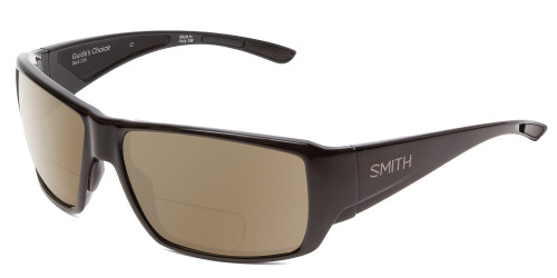 Profile View of Smith Optics Guides Choice Designer Polarized Reading Sunglasses with Custom Cut Powered Amber Brown Lenses in Gloss Black Mens Wrap Full Rim Acetate 62 mm