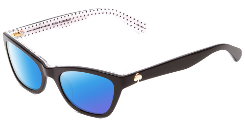 Profile View of Kate Spade Johneta/S Designer Polarized Sunglasses with Custom Cut Blue Mirror Lenses in Black White Polka Dot Ladies Cateye Full Rim Acetate 51 mm
