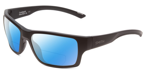 Profile View of Smith Optics Outback Designer Polarized Reading Sunglasses with Custom Cut Powered Blue Mirror Lenses in Matte Black Unisex Square Full Rim Acetate 59 mm