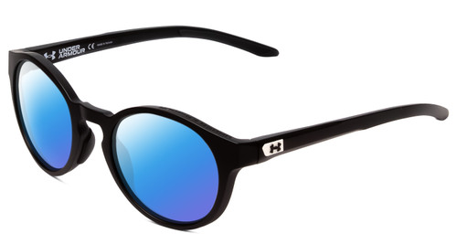 Profile View of Under Armour Infinity Designer Polarized Sunglasses with Custom Cut Blue Mirror Lenses in Matte Black Unisex Round Full Rim Acetate 52 mm