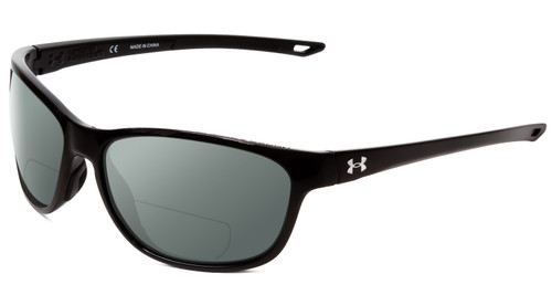 Profile View of Under Armour Undeniable Designer Polarized Reading Sunglasses with Custom Cut Powered Smoke Grey Lenses in Gloss Black Unisex Oval Full Rim Acetate 61 mm