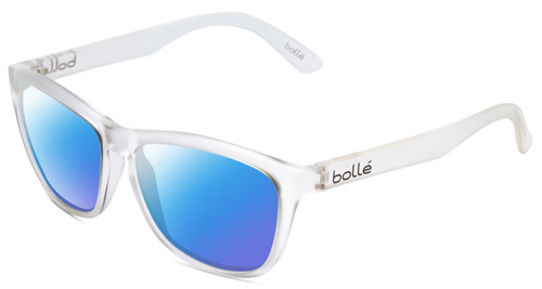 Profile View of Bolle 473 Designer Polarized Sunglasses with Custom Cut Blue Mirror Lenses in Matte Crystal Clear Unisex Cateye Full Rim Acetate 57 mm