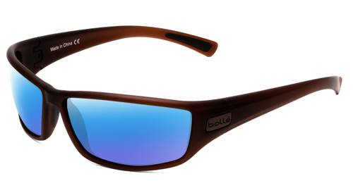 Profile View of Bolle Python Designer Polarized Sunglasses with Custom Cut Blue Mirror Lenses in Matte Transparent Chocolate Brown Unisex Wrap Full Rim Acetate 67 mm
