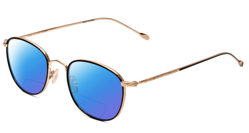 Profile View of John Varvatos V178 Designer Polarized Reading Sunglasses with Custom Cut Powered Blue Mirror Lenses in Black Gold Unisex Round Full Rim Metal 49 mm