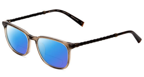Profile View of John Varvatos V400 Designer Polarized Reading Sunglasses with Custom Cut Powered Blue Mirror Lenses in Smoke Crystal Pewter Silver Unisex Square Full Rim Acetate 53 mm