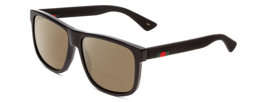 Profile View of GUCCI GG0010S Designer Polarized Reading Sunglasses with Custom Cut Powered Amber Brown Lenses in Gloss Black on Matte Unisex Retro Full Rim Acetate 58 mm