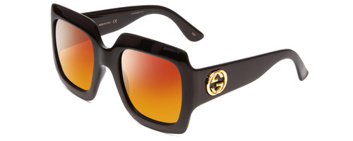 Profile View of GUCCI GG0053S Designer Polarized Sunglasses with Custom Cut Red Mirror Lenses in Gloss Black Gold Logo Ladies Oversized Full Rim Acetate 54 mm