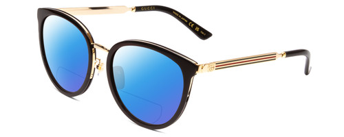 Profile View of GUCCI GG0077SK Designer Polarized Reading Sunglasses with Custom Cut Powered Blue Mirror Lenses in Gloss Black Gold Logo Ladies Cateye Full Rim Acetate 56 mm