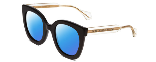 Profile View of GUCCI GG0564S Designer Polarized Sunglasses with Custom Cut Blue Mirror Lenses in Gloss Black Crystal Gold Ladies Cateye Full Rim Acetate 51 mm