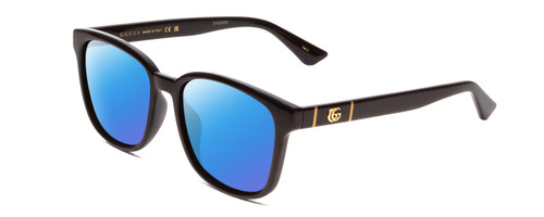 Profile View of GUCCI GG0637SK Designer Polarized Sunglasses with Custom Cut Blue Mirror Lenses in Gloss Black Gold Logo Mens Cateye Full Rim Acetate 56 mm
