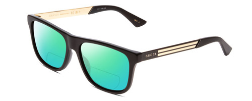 Profile View of GUCCI GG0687S Designer Polarized Reading Sunglasses with Custom Cut Powered Green Mirror Lenses in Gloss Black Gold Matte Mens Retro Full Rim Acetate 57 mm
