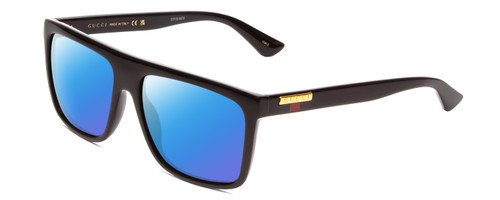 Profile View of GUCCI GG0748S Designer Polarized Sunglasses with Custom Cut Blue Mirror Lenses in Gloss Black Gold Logo Mens Square Full Rim Acetate 58 mm
