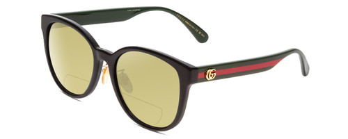 Profile View of GUCCI GG0854SK Designer Polarized Reading Sunglasses with Custom Cut Powered Sun Flower Yellow Lenses in Gloss Black Red Stripe Green Gold Logo Ladies Cateye Full Rim Acetate 56 mm