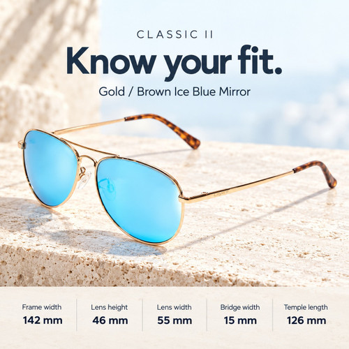 Coyote Classic II size guide: frame width 142 mm; lens width 55 mm; lens height 46 mm; bridge 15 mm; temple 126 mm.