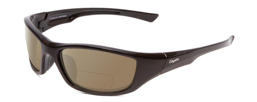 Profile View of Coyote P-19 Designer Polarized Reading Sunglasses with Custom Cut Powered Amber Brown Lenses in Black Grey Unisex Wrap Full Rim Acetate 60 mm