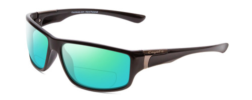 Profile View of Coyote P-37 Designer Polarized Reading Sunglasses with Custom Cut Powered Green Mirror Lenses in Gloss Black Unisex Rectangle Full Rim Acetate 61 mm