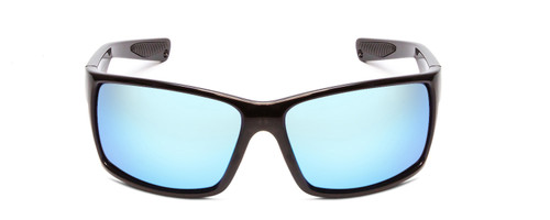 Front View of Coyote Raptor Mens Wrap Polarized Sunglasses Gloss Black Grey & Blue Mirror 63mm