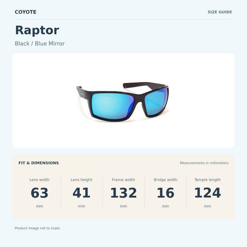 Coyote Raptor Black Blue Mirror size guide: lens width 63 mm, lens height 41 mm, frame width 132 mm, bridge width 16 mm, temple length 124 mm