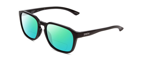 Profile View of Smith Optics Contour Designer Polarized Reading Sunglasses with Custom Cut Powered Green Mirror Lenses in Gloss Black Unisex Square Full Rim Acetate 56 mm